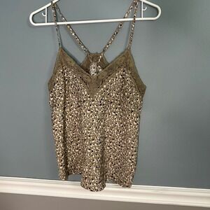 Aerie Leopard Print Lace Trim Cami Top Tan Black Small Racerback Adjustable